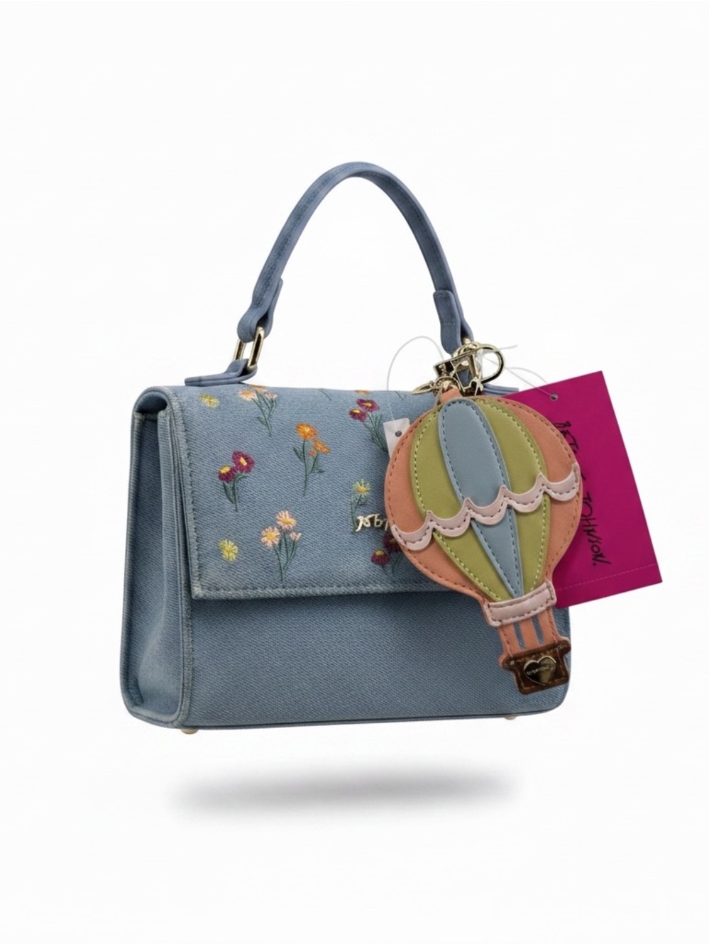 Betsey Johnson Denim Floral Embroidered Handbag Satchel Crossbody Bag Charm NWT
